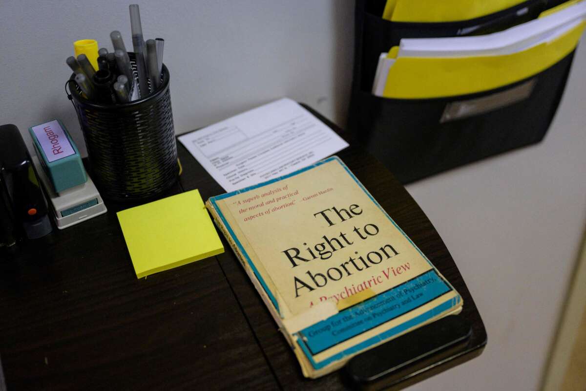 A book entitled "The Right to Abortion" lays on a table at the Hope Clinic For Women in Granite City, Illinois, on June 27, 2022.