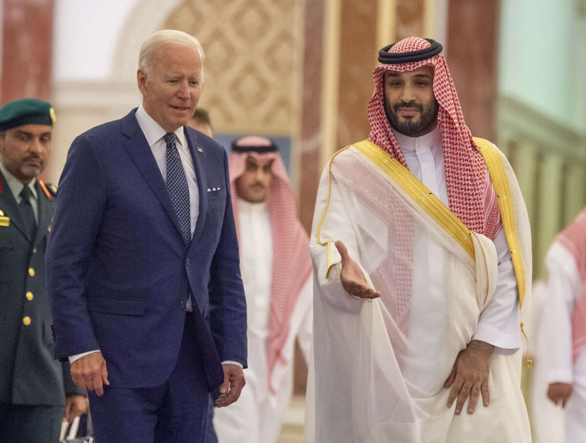 U.S. President Joe Biden being welcomed by Saudi Arabian Crown Prince Mohammed bin Salman at Alsalam Royal Palace in Jeddah, Saudi Arabia on July 15, 2022.