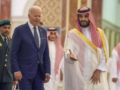 U.S. President Joe Biden being welcomed by Saudi Arabian Crown Prince Mohammed bin Salman at Alsalam Royal Palace in Jeddah, Saudi Arabia on July 15, 2022.