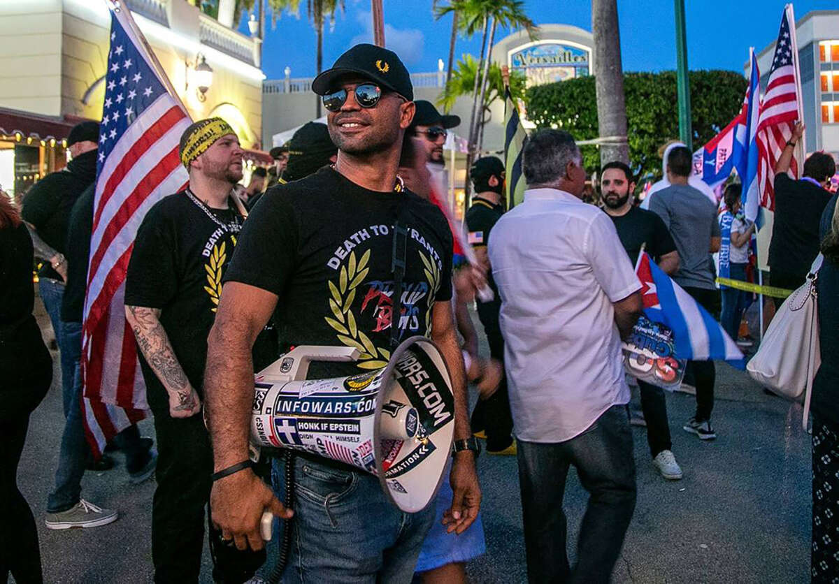 Proud Boy Enrique Tarrio in front of the Versailles Restaurant in Miami, Florida, on September 13, 2022.