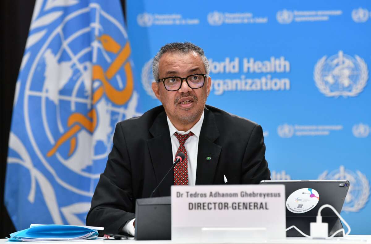World Health Organization (WHO) Director General Tedros Adhanom Ghebreyesus speaks during a press briefing at the WHO headquarters in Geneva, Switzerland, on April 6, 2023.