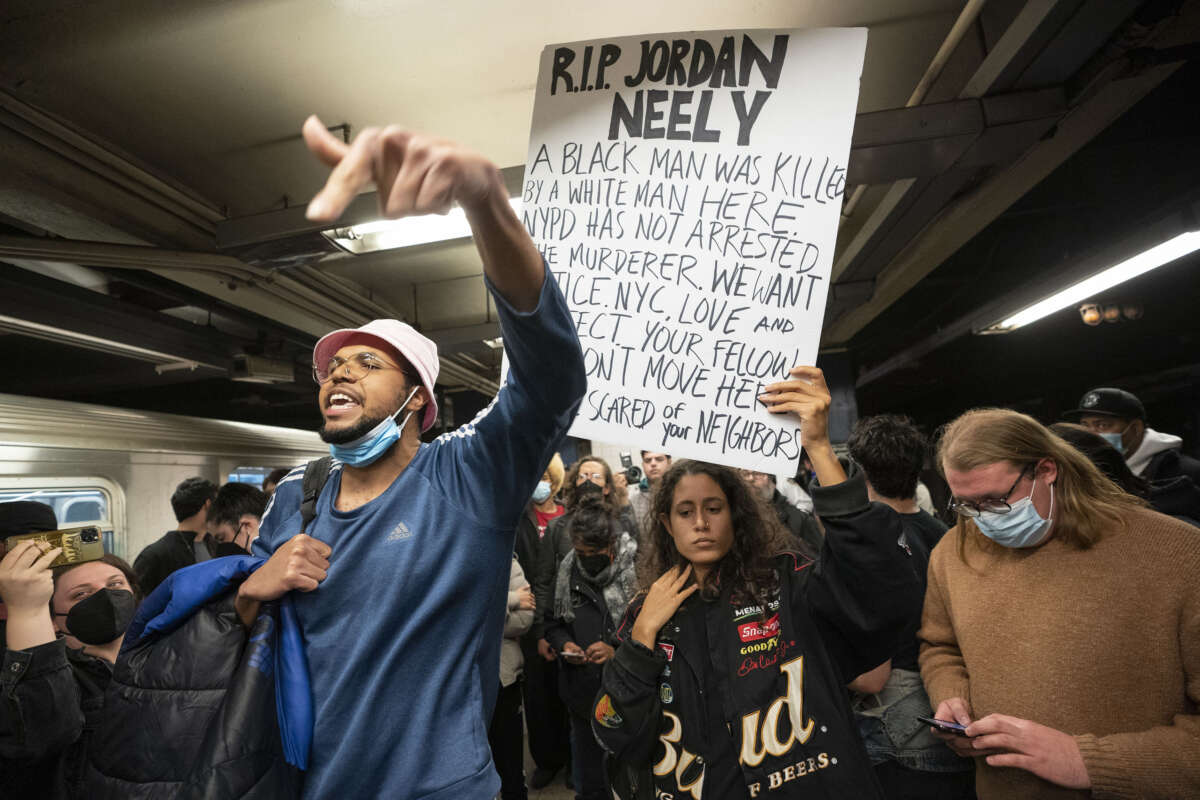 Jordan Neely supporters during a vigil in the Broadway-Lafayette subway station in New York City on May 3, 2023.