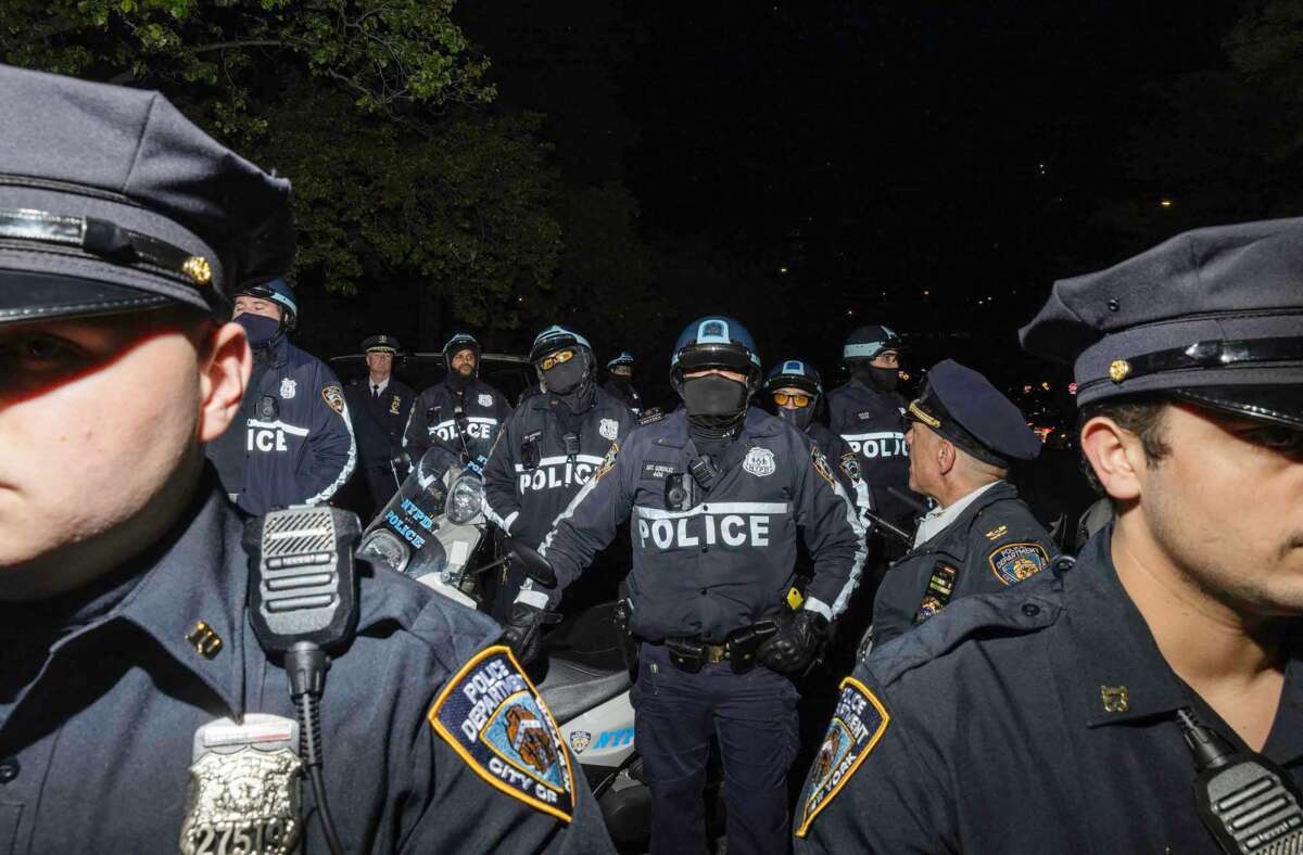 Police prepare as protestors gather at Barclays Center Arena to protest the New York Police Department response to the killing of Jordan Neely, in Brooklyn, New York on May 4, 2023.