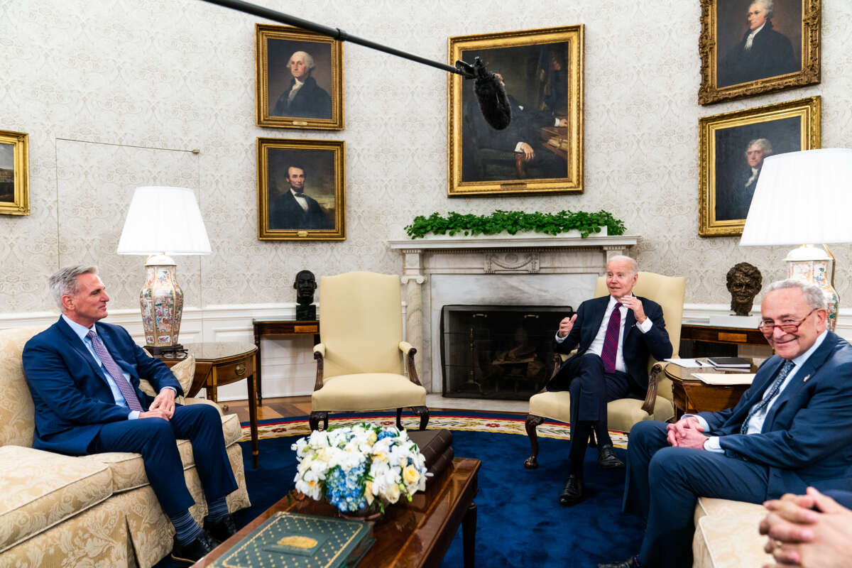 President Joe Biden meets with Speaker of the House Kevin McCarthy and Senate Majority Leader Chuck Schumer in the Oval Office of the White House on May 9, 2023, in Washington, D.C.