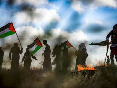Protesters gather during a Palestinian demonstration east of Gaza City on May 18, 2023.