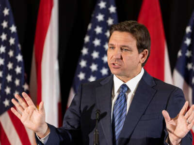 Florida Gov. Ron DeSantis during a press conference at Christopher Columbus High School on March 27, 2023, in Miami, Florida.