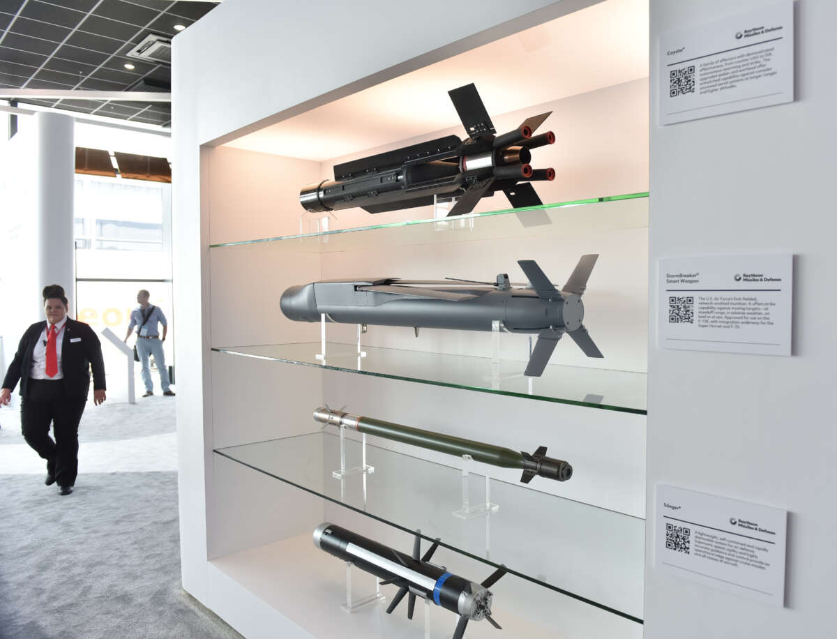 Coyote, StormBreaker Smart Weapon, Stinger and Javelin Missiles by Raytheon Missiles and Defense are displayed during the Farnborough International Airshow 2022 on July 18, 2022 in Farnborough, England.