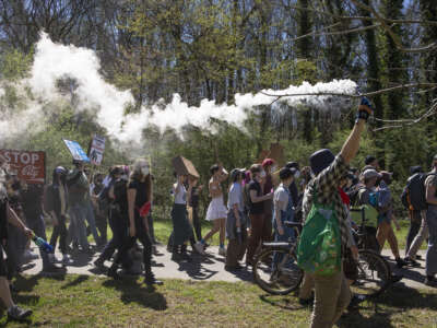 Environmental activists hold a rally and a march through the Atlanta Forest on March 4, 2023.