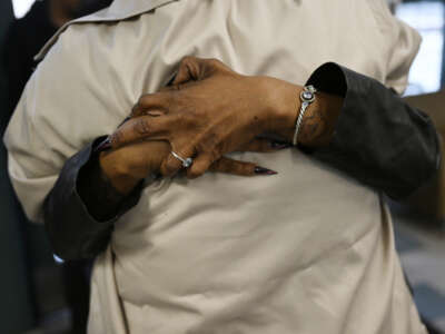 Janell Farris holds tight onto her mother Robin Farris after she was released from Colorado Women's Correctional Facility on April 4, 2023 in Denver, Colorado.
