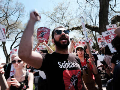 Rutgers students and faculty participate in a strike at the university's main campus on April 10, 2023 in New Brunswick, New Jersey.
