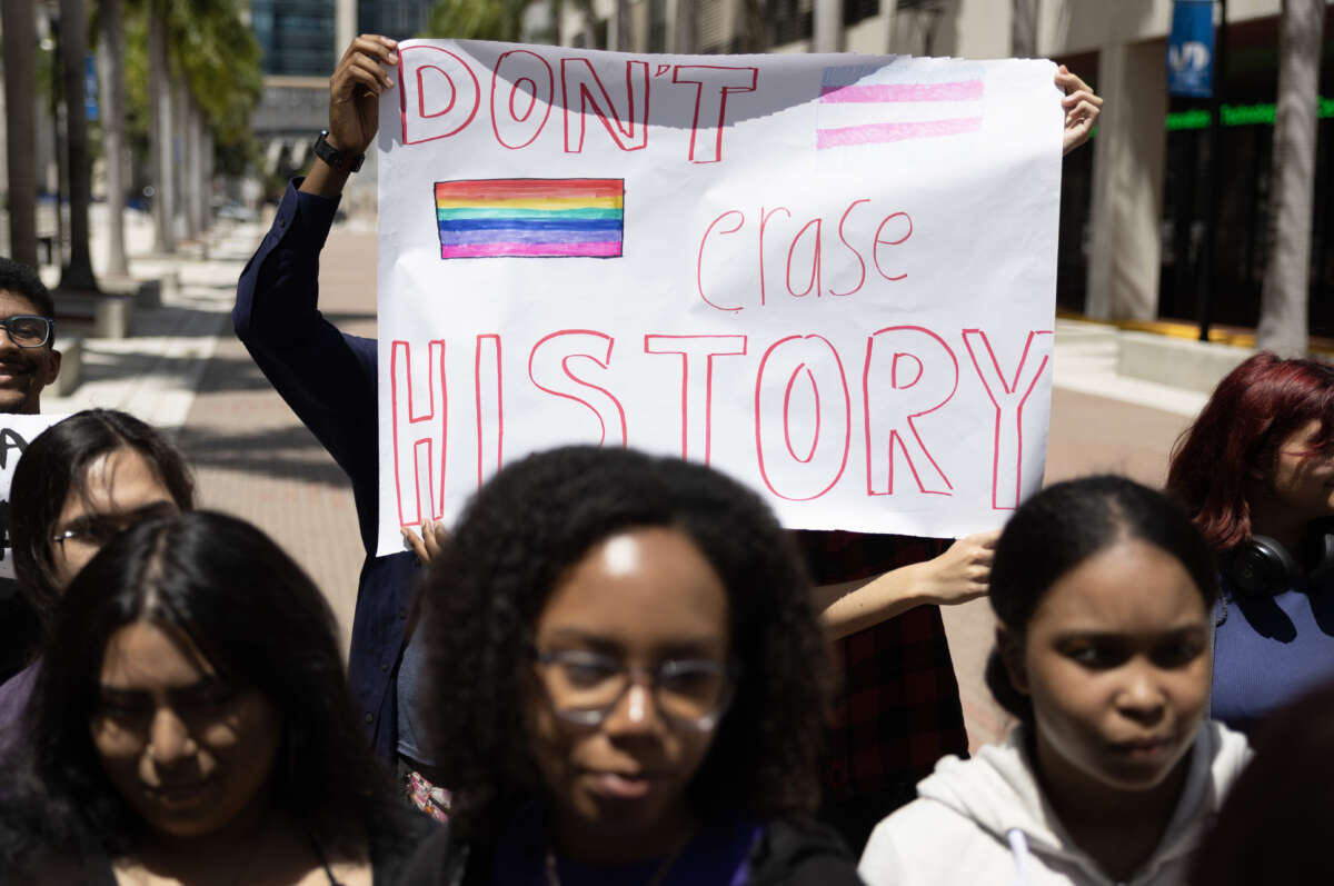 Students from the Miami-Dade County Public Schools School for Advanced Studies protest during a statewide walkout on April 21, 2023 in Miami, Florida.