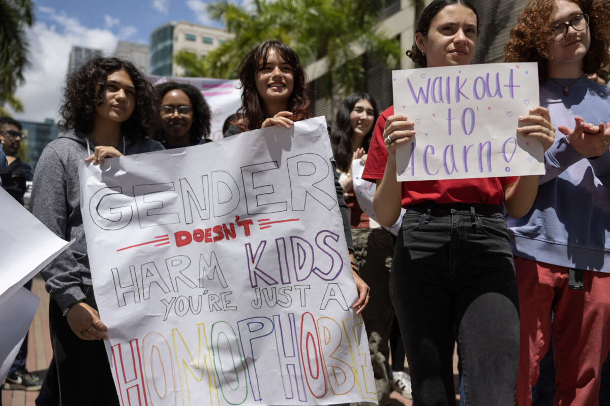 Students from the Miami-Dade County Public Schools School for Advanced Studies protest during a statewide walkout on April 21, 2023 in Miami, Florida.