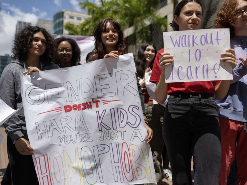 Students from the Miami-Dade County Public Schools School for Advanced Studies protest during a statewide walkout on April 21, 2023 in Miami, Florida.