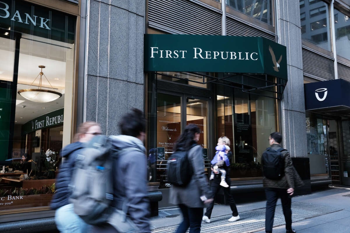 People walk past a First Republic bank in Manhattan on May 1, 2023 in New York City.