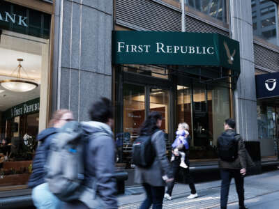People walk past a First Republic bank in Manhattan on May 1, 2023 in New York City.