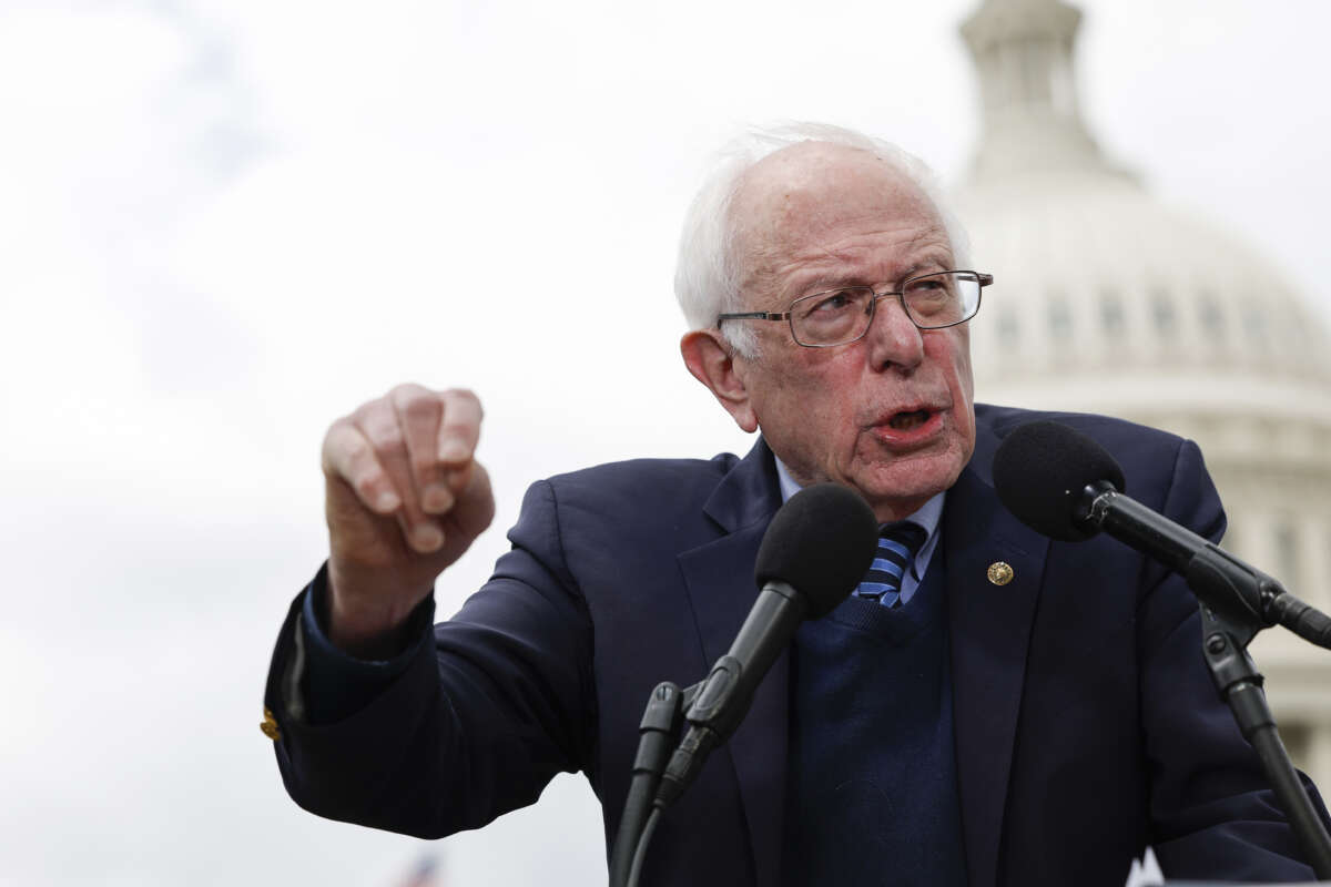 Sen. Bernie Sanders speaks at a press conference on raising the federal minimum wage outside the U.S. Capitol Building in Washington, D.C., on May 4, 2023.