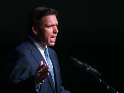 Florida Governor Ron DeSantis speaks to guests at the Republican Party of Marathon County Lincoln Day Dinner annual fundraiser on May 6, 2023 in Rothschild, Wisconsin.