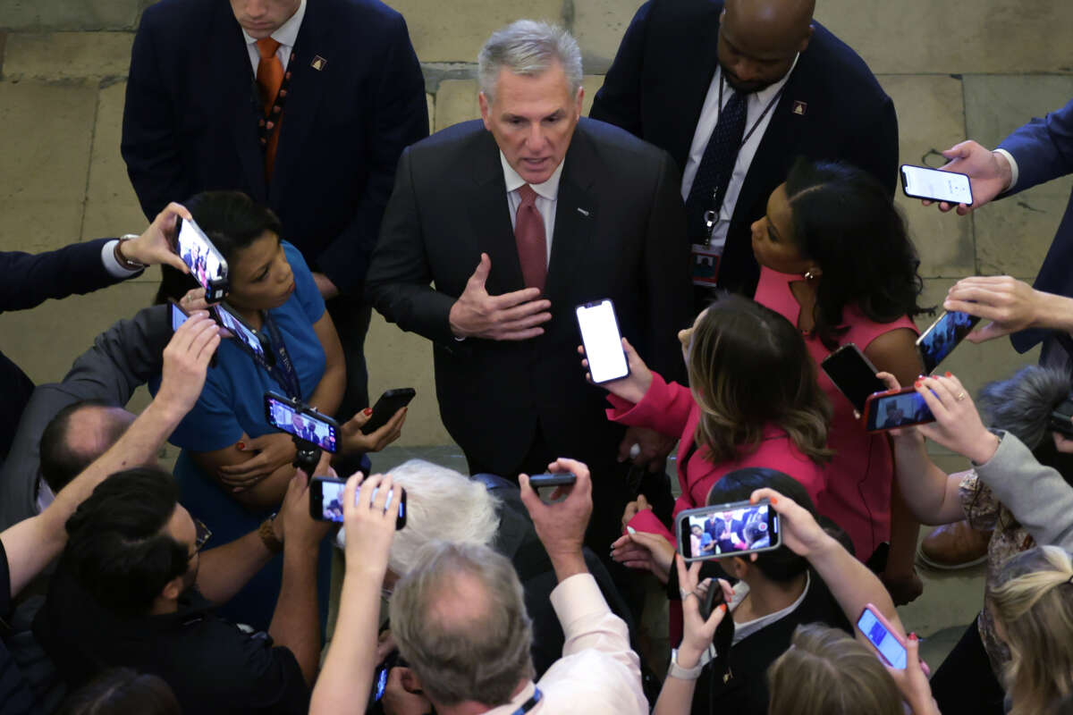 U.S. Speaker of the House Rep. Kevin McCarthy speaks to members of the press as he arrives at the U.S. Capitol on May 25, 2023 in Washington, D.C.