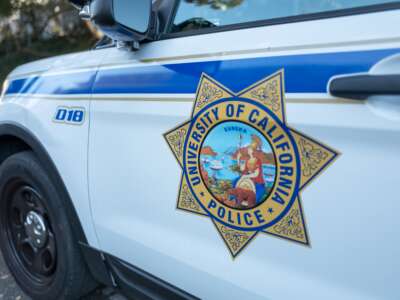 Close-up of campus police vehicle with logo at UC Berkeley on October 6, 2017, in Berkeley, California.