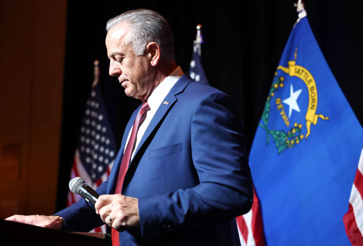 Nevada Republican gubernatorial candidate Joe Lombardo stands at the podium at a Republican midterm election night party at Red Rock Casino on November 08, 2022, in Las Vegas, Nevada.