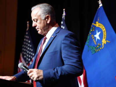 Nevada Republican gubernatorial candidate Joe Lombardo stands at the podium at a Republican midterm election night party at Red Rock Casino on November 08, 2022, in Las Vegas, Nevada.