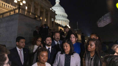Congresswoman Pramila Jayapal speaks to the press after the U.S. House of Representatives passes the debt ceiling bill in Washington D.C. on May 31, 2023.