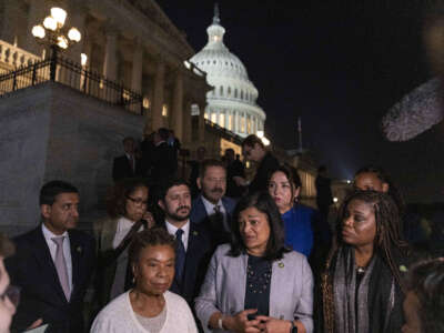 Congresswoman Pramila Jayapal speaks to the press after the U.S. House of Representatives passes the debt ceiling bill in Washington D.C. on May 31, 2023.