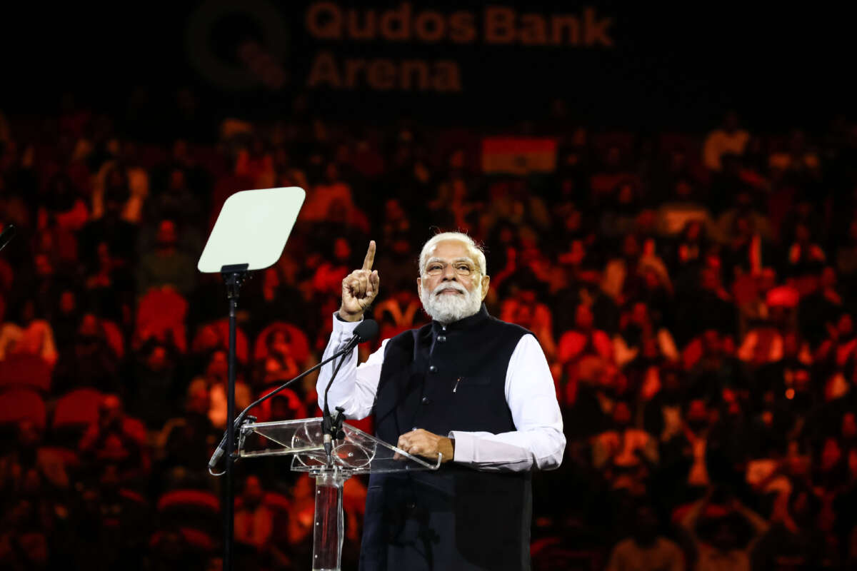 India's Prime Minister Narendra Modi attends an Indian cultural event with Australia's Prime Minister Anthony Albanese on May 23, 2023, at the Qudos Bank Arena in Sydney, Australia.