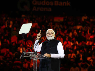 India's Prime Minister Narendra Modi attends an Indian cultural event with Australia's Prime Minister Anthony Albanese on May 23, 2023, at the Qudos Bank Arena in Sydney, Australia.