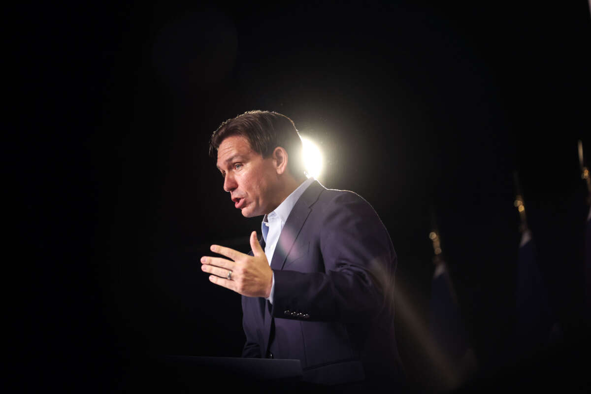 Republican presidential candidate Ron DeSantis speaks at a campaign rally at Eternity Church on May 30, 2023, in Clive, Iowa.