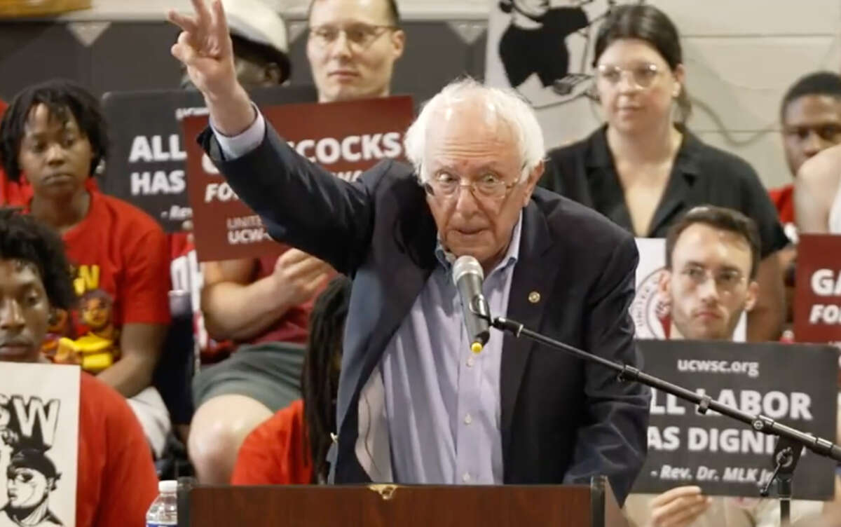 Sen. Bernie Sanders speaks during a rally at the ILA Hall in Charleston, South Carolina, on June 3, 2023.