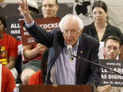 Sen. Bernie Sanders speaks during a rally at the ILA Hall in Charleston, South Carolina, on June 3, 2023.