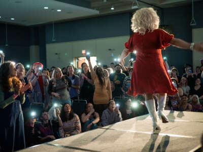 Didi Blue Hart performs in drag during a drag show and story hour held at East Tennessee State University in Johnson City, Tennessee