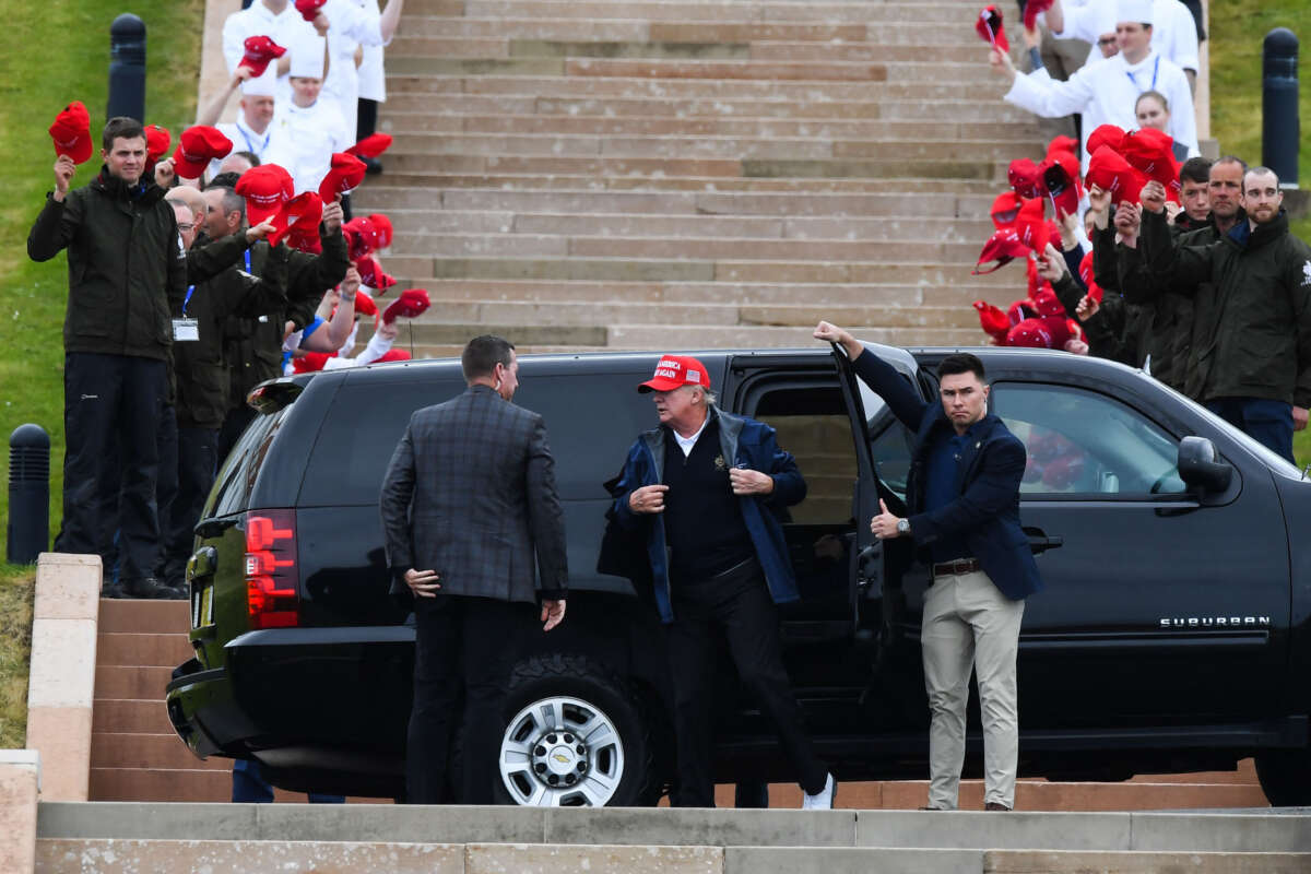Former President Donald Trump arrives at the Trump Turnberry Golf Courses, in Turnberry on the west coast of Scotland on May 2, 2023.