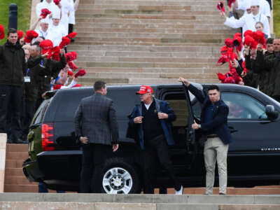 Former President Donald Trump arrives at the Trump Turnberry Golf Courses, in Turnberry on the west coast of Scotland on May 2, 2023.