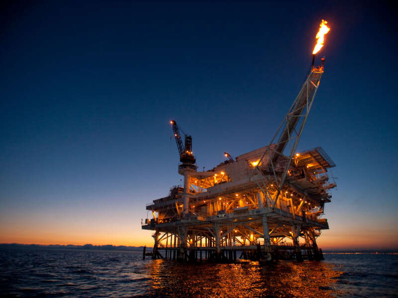 Gas is flared off from a flame boom aboard offshore oil and gas platform Edith in the Beta field off the coast of Long Beach, California.