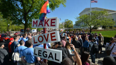 Supporters and opposers of same-sex marriages gather outside the U.S. Supreme Court waiting for its decision on April 28, 2015, in Washington, D.C.