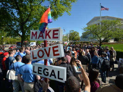 Supporters and opposers of same-sex marriages gather outside the U.S. Supreme Court waiting for its decision on April 28, 2015, in Washington, D.C.