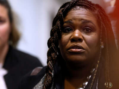 Rep. Cori Bush speaks to reporters as she arrives for a House Democrat caucus meeting with White House debt negotiators at the U.S. Capitol on May 31, 2023, in Washington, D.C.