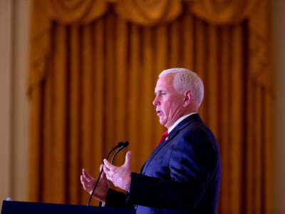 Former Vice President Mike Pence speaks at the Nixon National Energy Conference at The Richard Nixon Presidential Library and Museum in Yorba Linda, California, on April 19, 2023.
