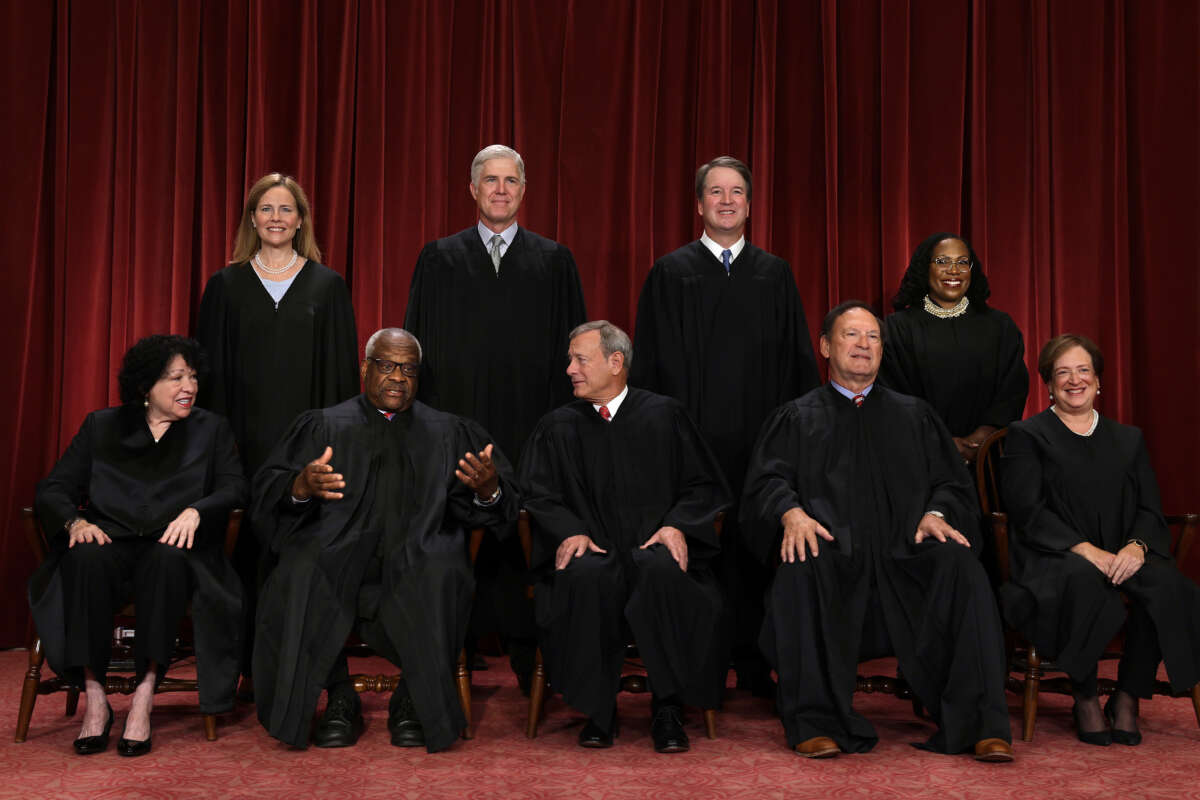 U.S. Supreme Court (front row L-R) Associate Justice Sonia Sotomayor, Associate Justice Clarence Thomas, Chief Justice of the United States John Roberts, Associate Justice Samuel Alito, and Associate Justice Elena Kagan, (back row L-R) Associate Justice Amy Coney Barrett, Associate Justice Neil Gorsuch, Associate Justice Brett Kavanaugh and Associate Justice Ketanji Brown Jackson pose for their official portrait at the East Conference Room of the Supreme Court building on October 7, 2022, in Washington, D.C.