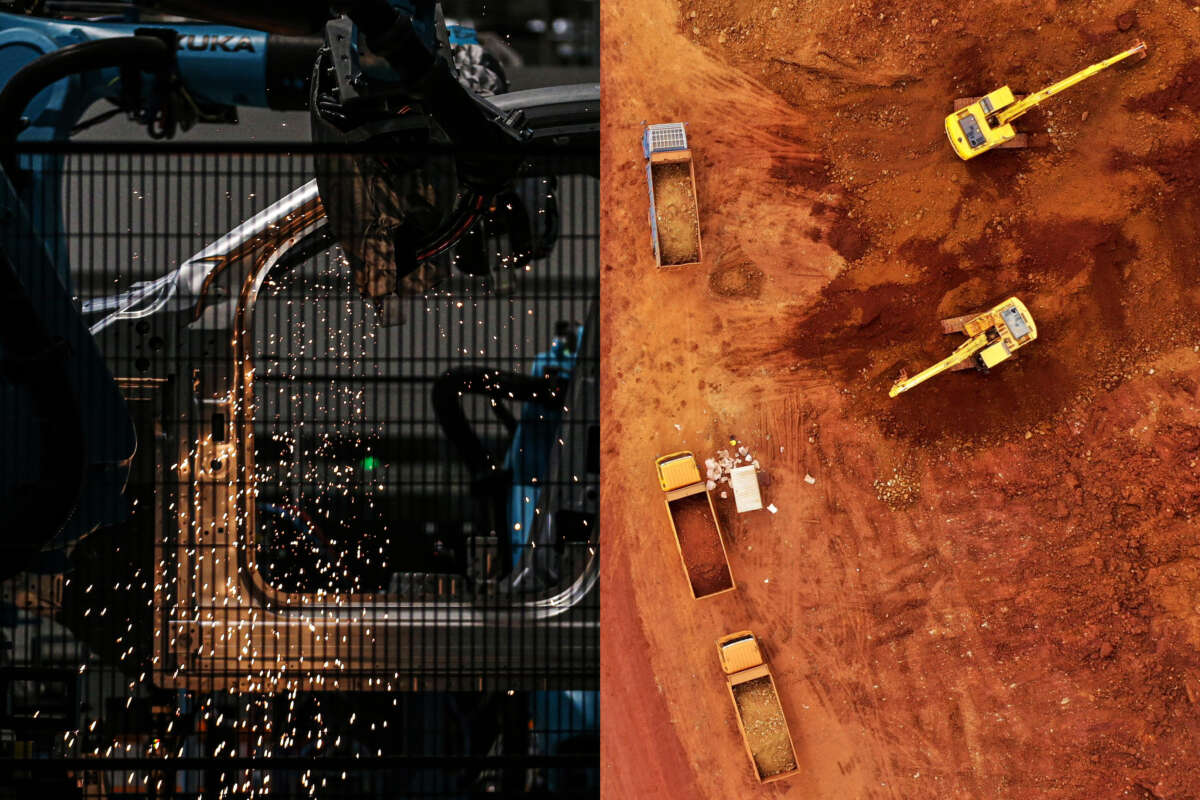 Left: An electric car is manufactured in a factory in Bursa, Turkey. Right: Nickel, a critical component used in electric vehicle batteries, is mined in in southeast Sulawesi, Indonesia.