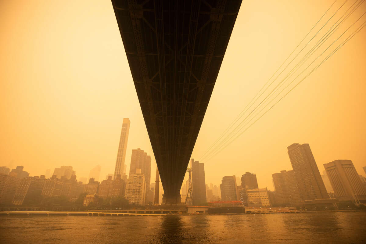 View of the Ed Koch Queensboro Bridge as smoke from Canadian wildfires casts a haze over the area on June 7, 2023, in New York City.