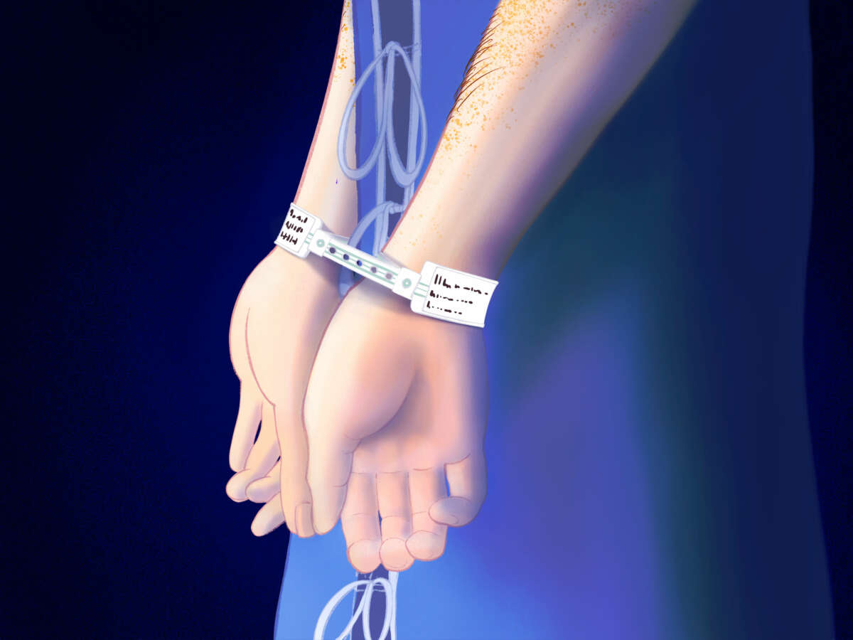An illustration of a patient whose arms are cuffed behind their back with hospital identification bracelets