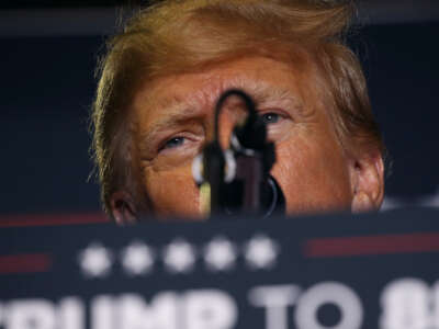 Former President Donald Trump speaks at a campaign rally on April 27, 2023, in Manchester, New Hampshire.