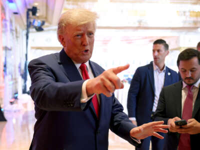 Former President Donald Trump speaks to the media during an election night event at Mar-a-Lago on November 8, 2022, in Palm Beach, Florida.