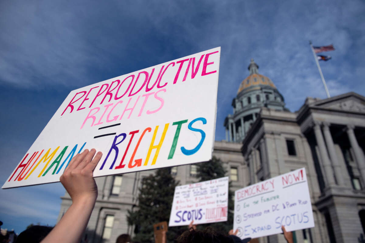 Abortion rights activists protest in front of the Colorado State Capitol in Denver, Colorado, on June 27, 2022, four days after the U.S. Supreme Court struck down the right to abortion.