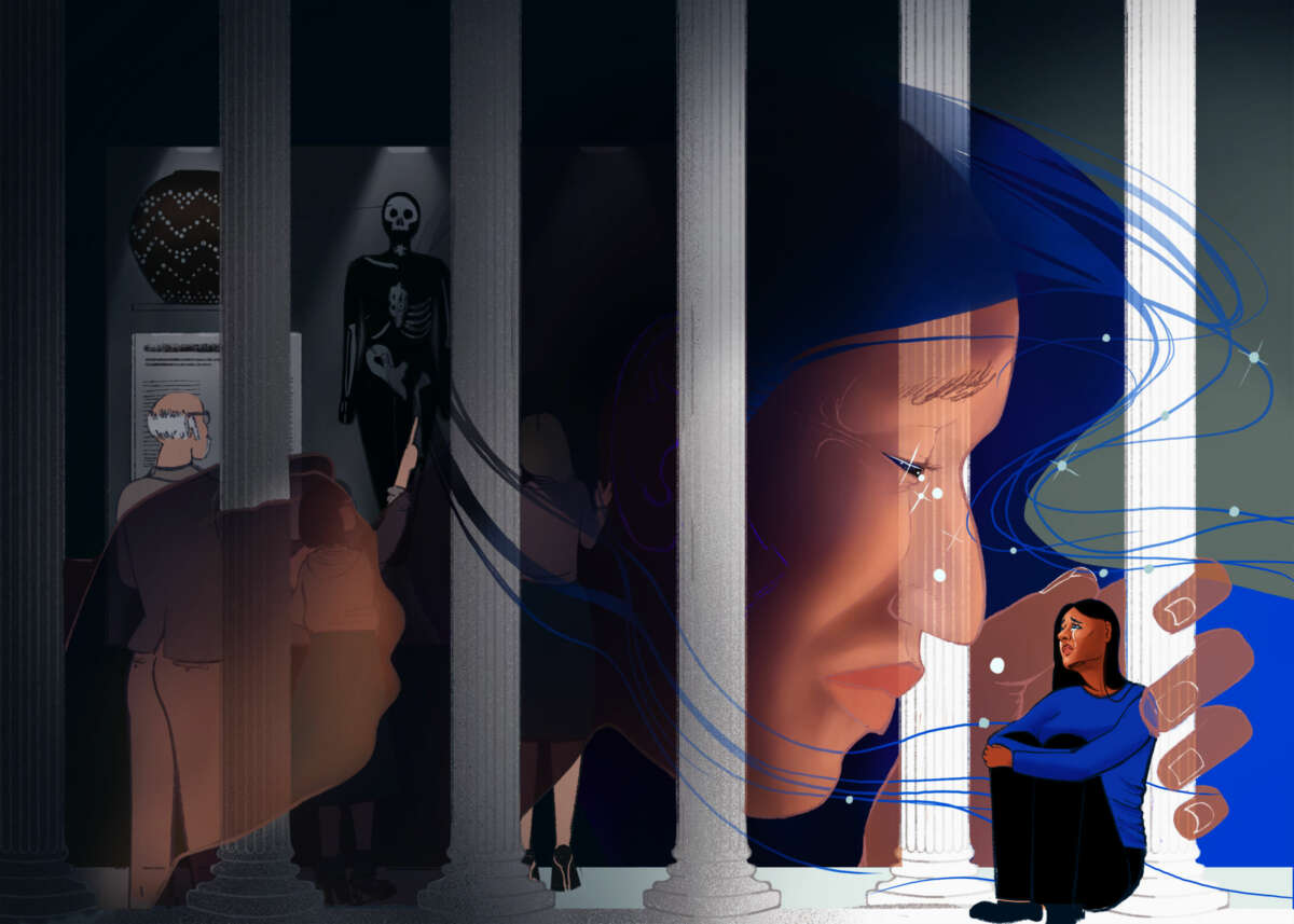 A digital illustration of an ancestral spirit, represented by a woman's face, peering out from between the Corinthian columns imprisoning her to console a weeping descendant, as scholars point to stolen Chochenyo artifacts behind them.