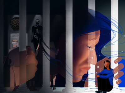 A digital illustration of an ancestral spirit, represented by a woman's face, peering out from between the Corinthian columns imprisoning her to console a weeping descendant, as scholars point to stolen Chochenyo artifacts behind them.