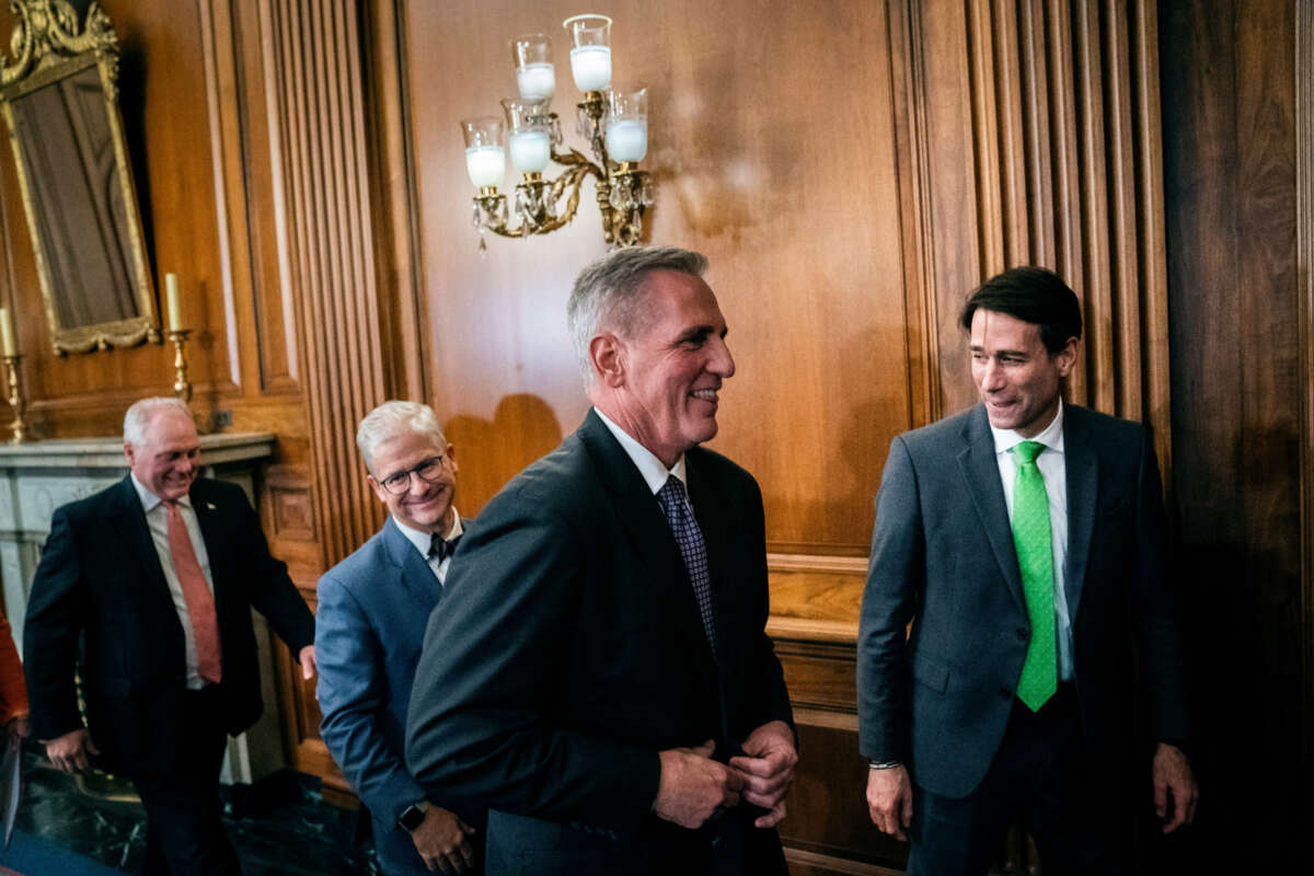 House Speaker Kevin McCarthy departs with Reps. Patrick McHenry and Garret Graves after a press conference following the House's passage of the Fiscal Responsibility Act, raising the debt ceiling on Capitol Hill on Wednesday, May 31, 2023, in Washington, D.C.